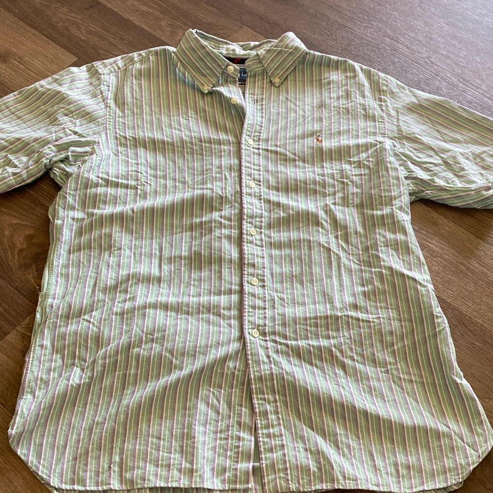 Ralph Lauren Men's Green and White Striped Shirt